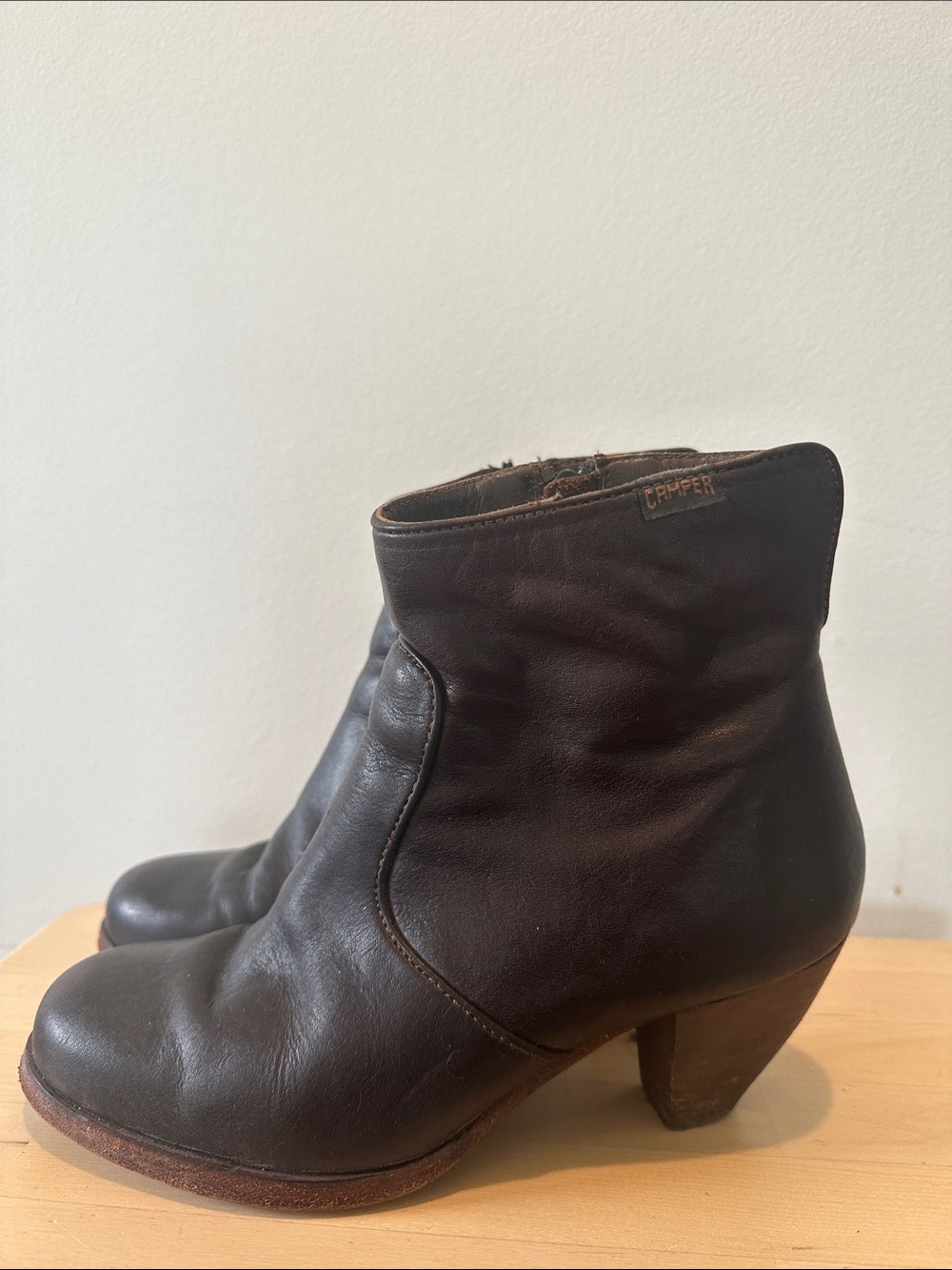 Camper Dark Brown Leather Ankle Booties with Side Zip